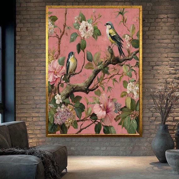 Birds And Flowers Wall Art Vintage Botanical Painting On Pink Background Nature Inspired Floral Bird Canvas For Home Decor