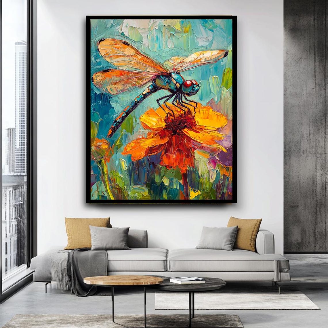 Vibrant Dragonfly On Orange Flower Impasto Botanical Nature Art Poster - Image 3