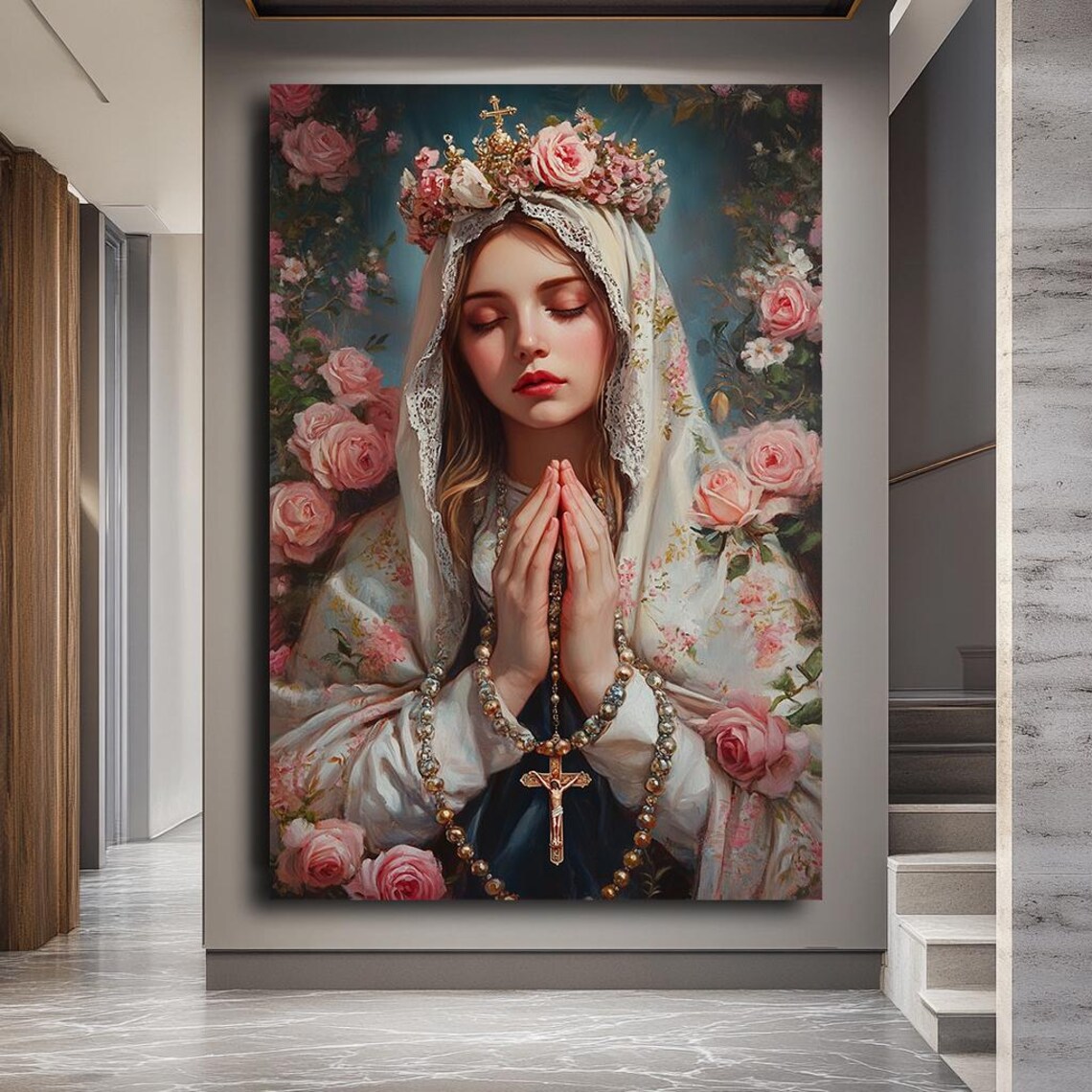 Virgin Mary Praying With Roses Rosary Floral Crown Religious Art Poster - Image 2