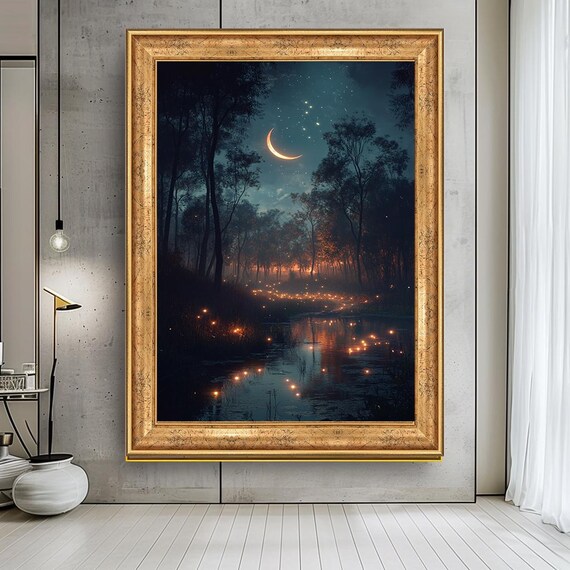 Magical Forest At Night With Crescent Moon Art Dreamy Fireflies And Reflection Wall Decor Mystical Landscape Art Print