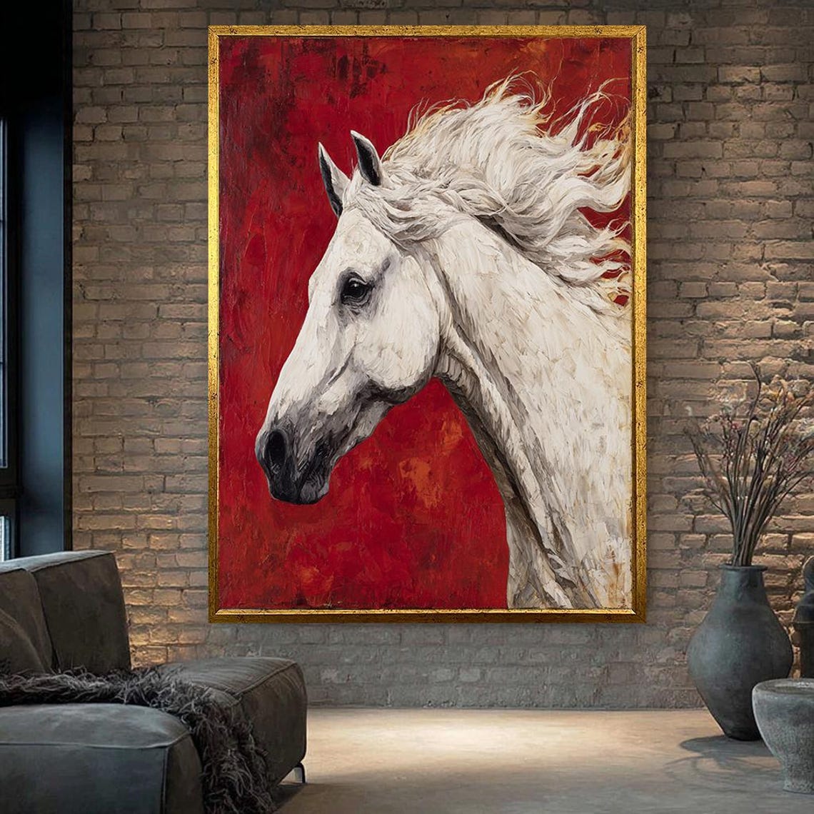 White Horse Portrait Bold Red Background Expressive Equine Poster