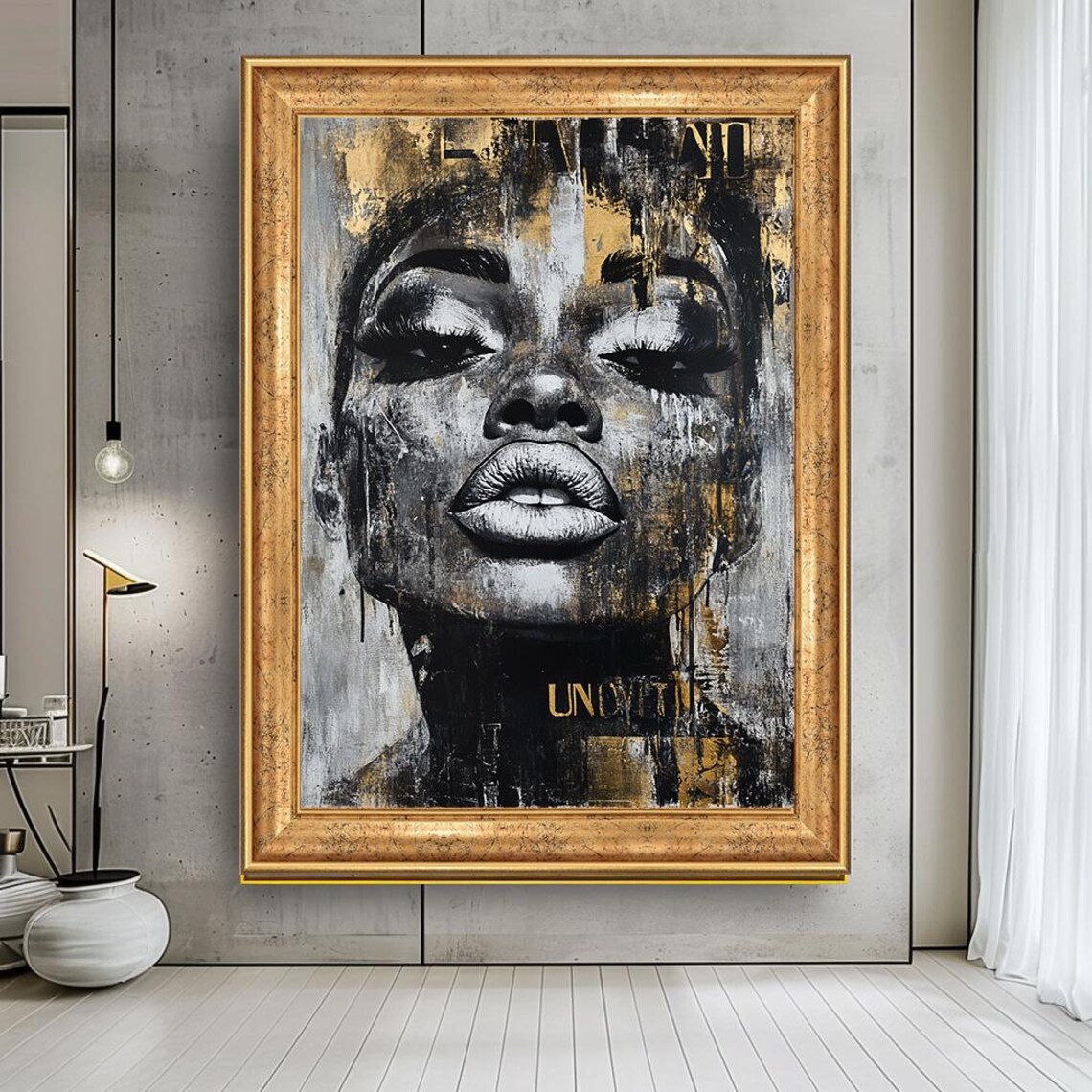 Black Gold Grunge Abstract Woman Face Modern Urban Art Print