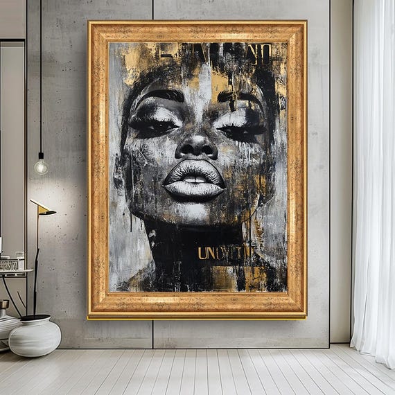 African Woman Portrait Wall Art Abstract Female Face Canvas Edgy Urban Decor Modern Statement Artwork Strong Piece