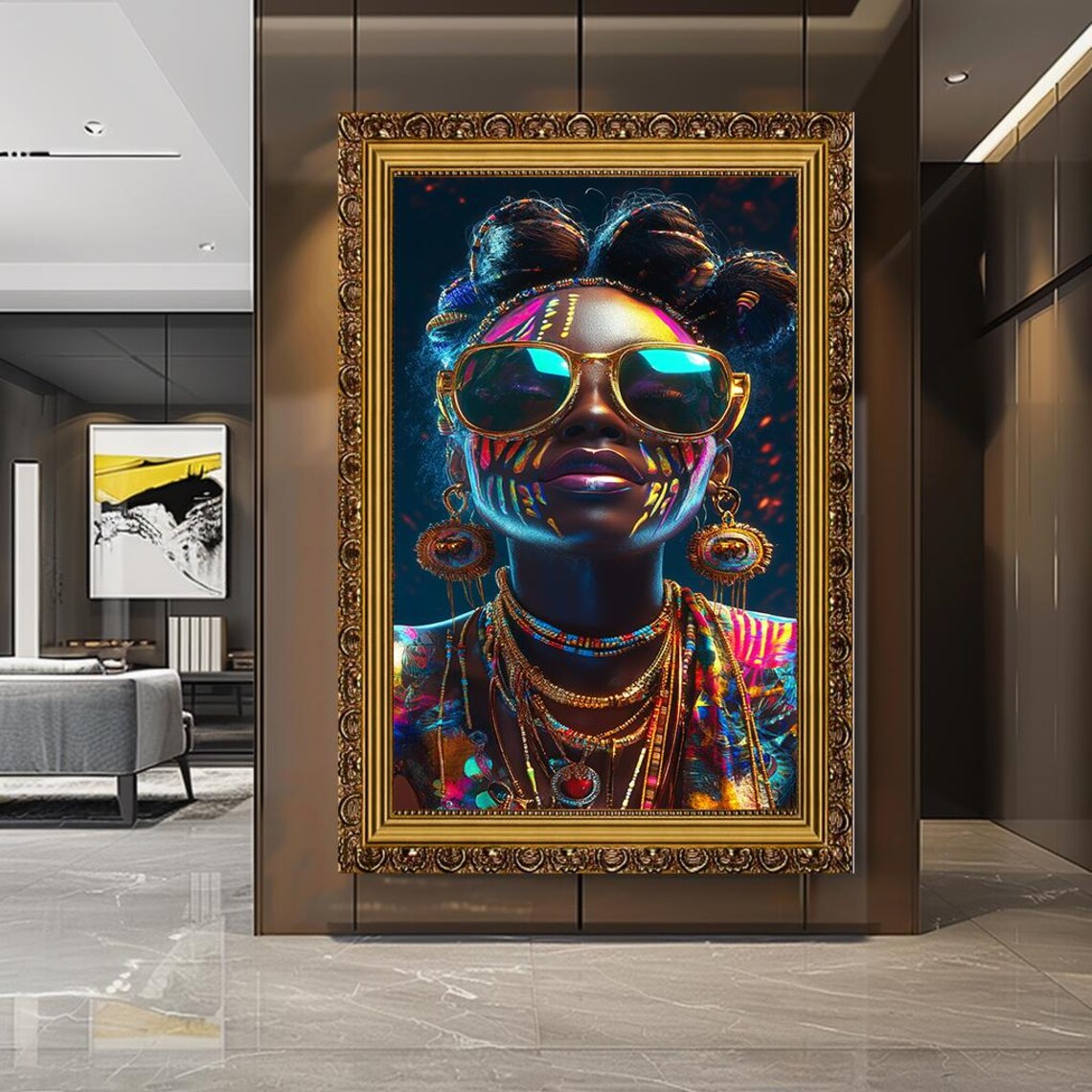 Neon Tribal Woman Portrait Sunglasses Bold Colorful Festival Wall Art - Image 4