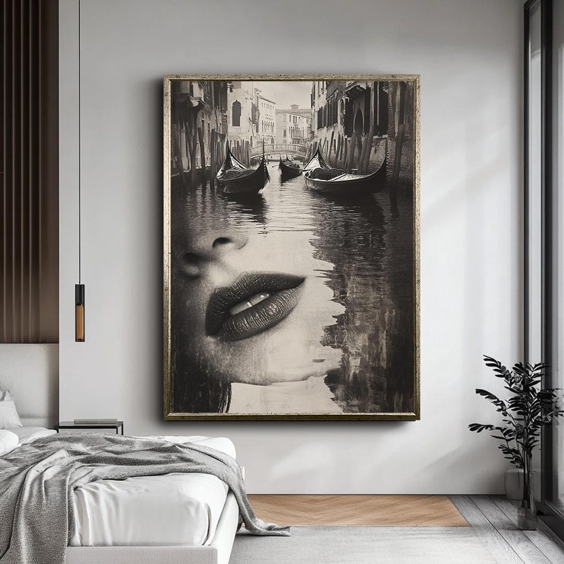 Venice Canal Gondola Double Exposure Lips Surreal Black White Poster - Image 5