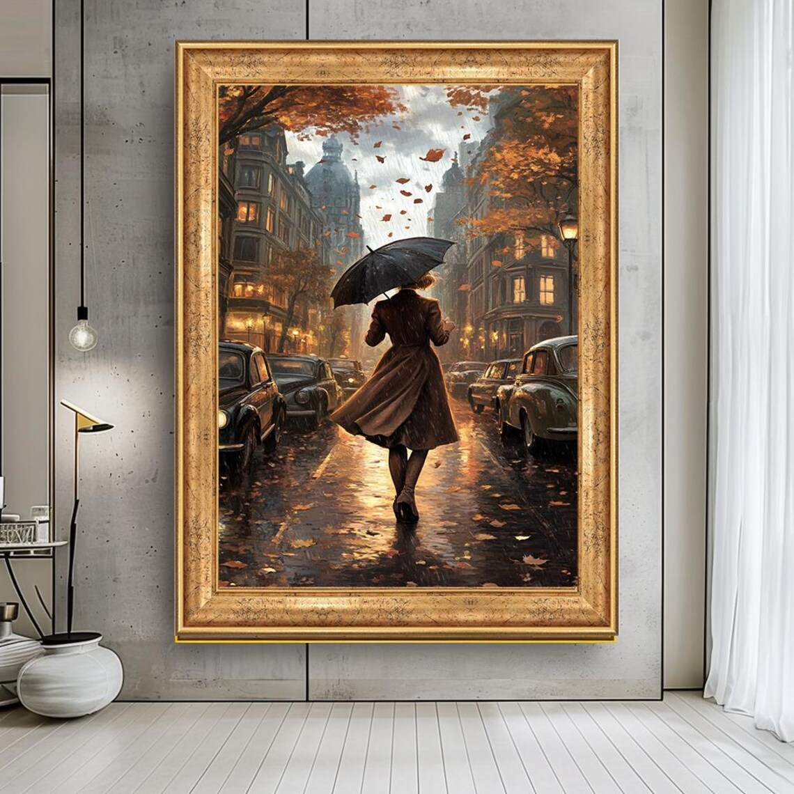 Rainy Street Scene, Vintage Autumn Cityscape Art Print