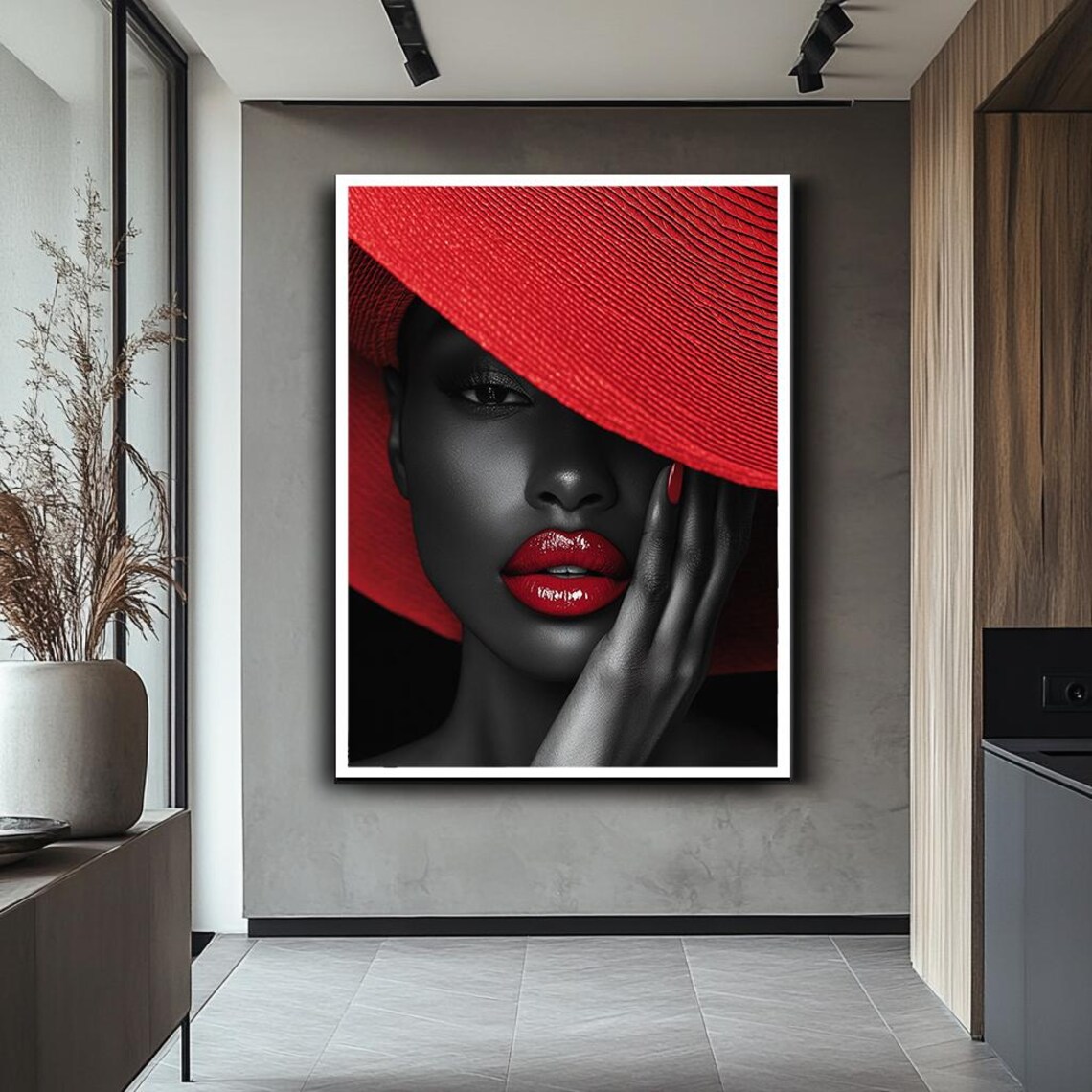 Elegant Black And Red Woman Portrait Wide Brim Hat Fashion Art Print - Image 2