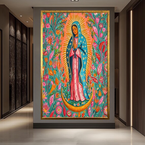Our Lady of Guadalupe Colorful Folk Art Crescent Moon Devotion Poster