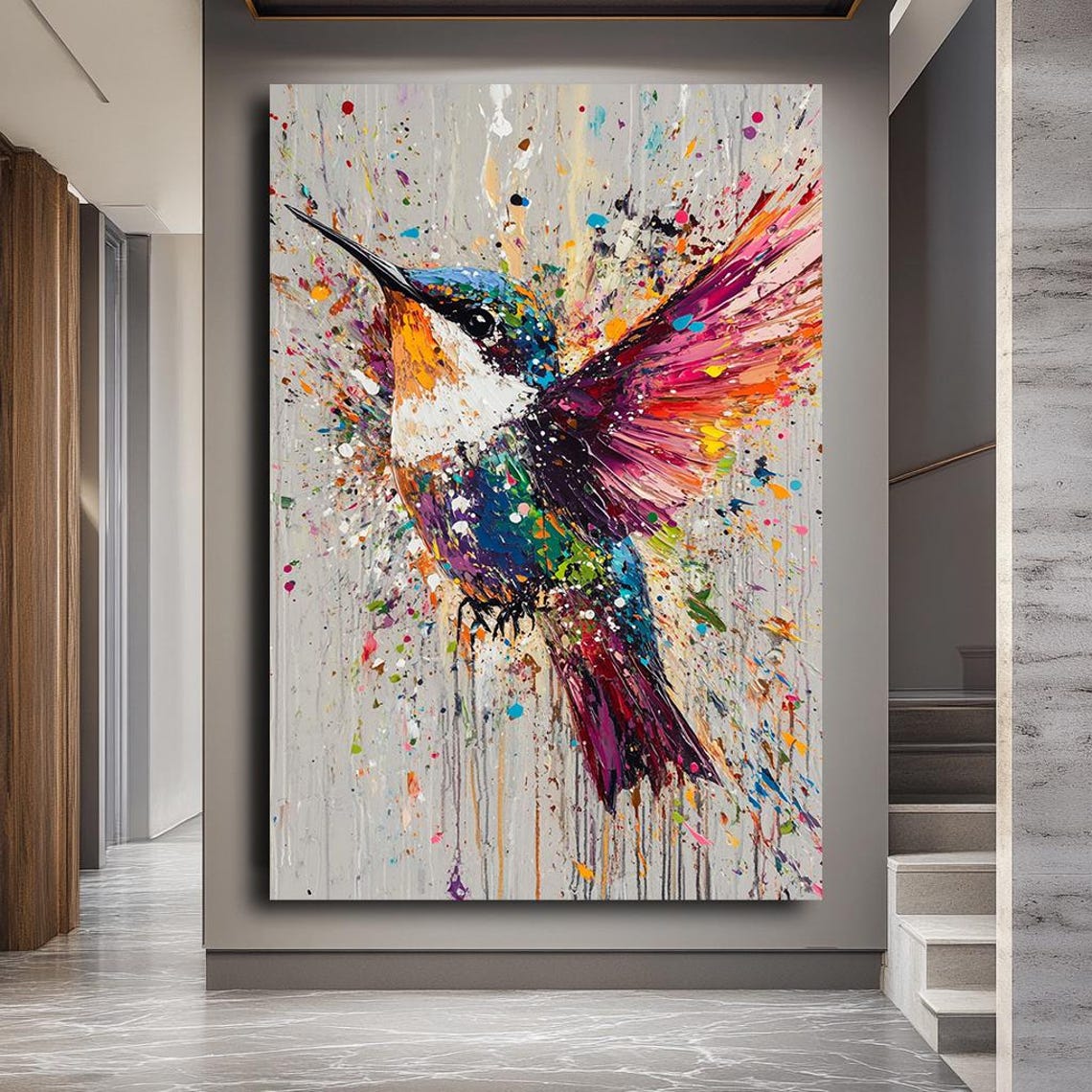 Colorful Hummingbird Splash Paint Splatter Abstract Bird Art Poster - Image 3
