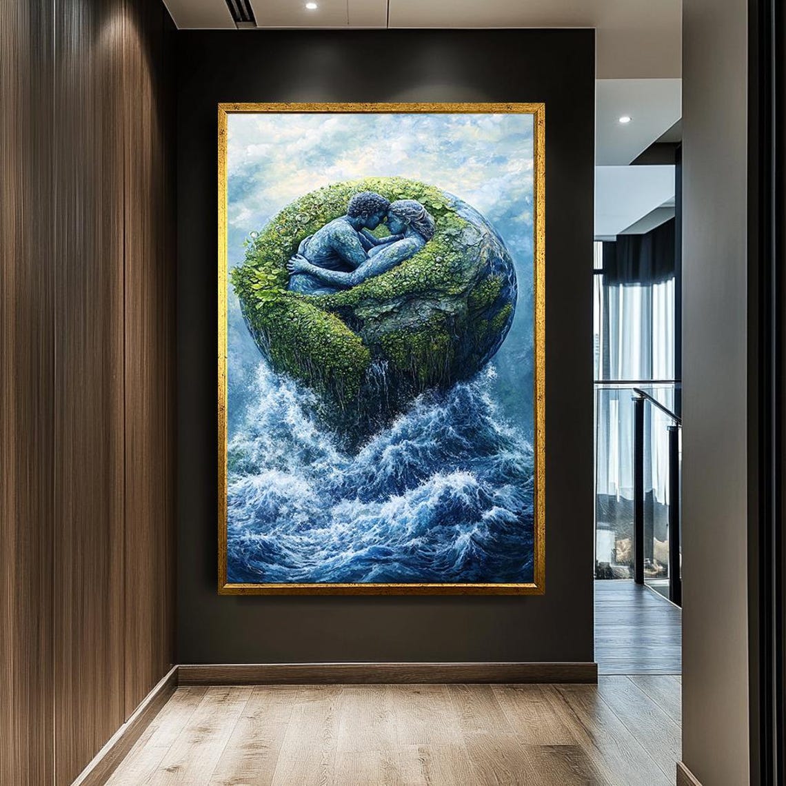Couple Embracing Floating Earth Island Ocean Waves Romantic Wall Art - Image 3