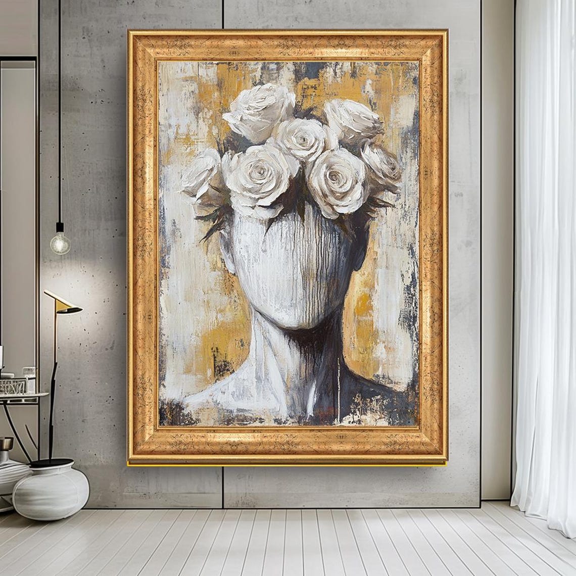 White Rose Crown Abstract Woman Gold Textured Modern Art Print