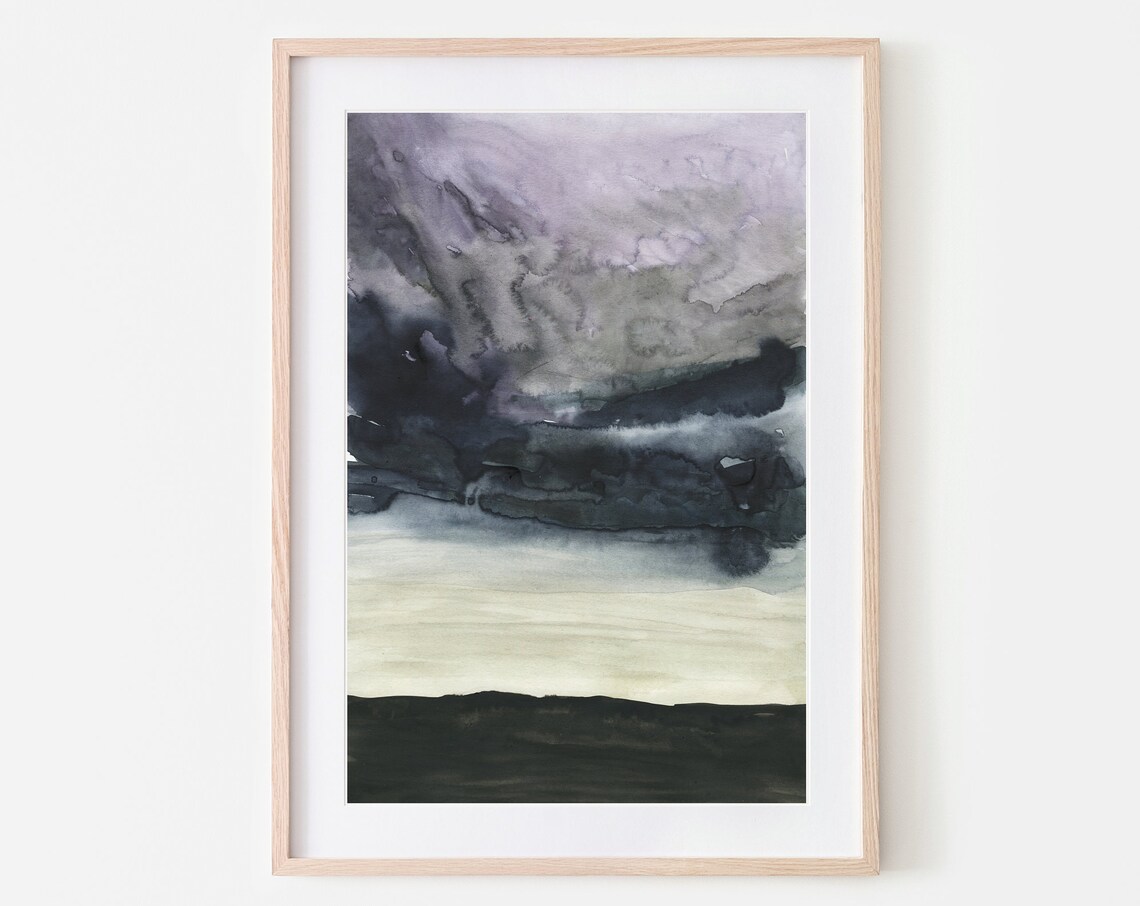 Moody Dark Storm Watercolor Landscape Grey Purple Sky Modern Wall Art