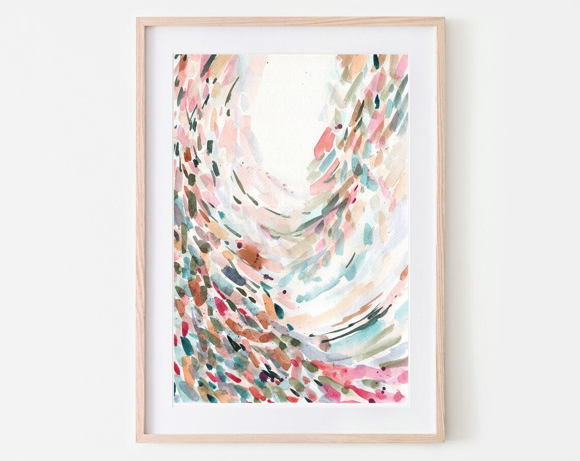 Pastel U Curve Abstract Watercolor Pink Teal Orange Dash Art Print