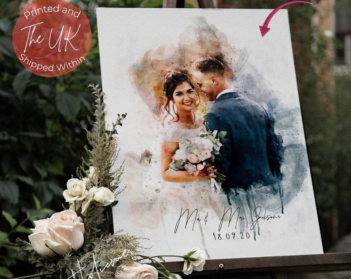 Wedding Couple Watercolour Portrait With Names and Date Script Poster