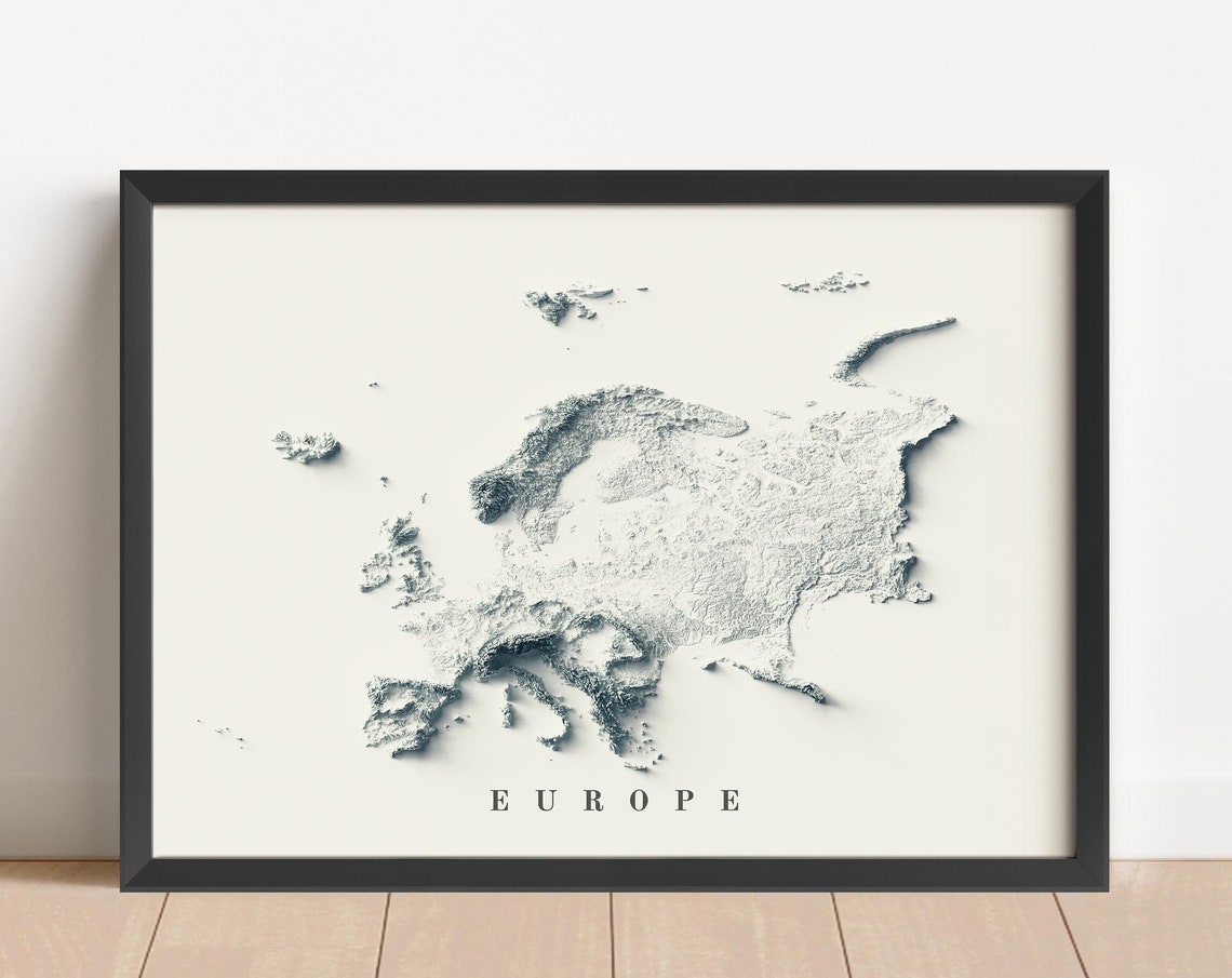 Europe Minimalist White Monochrome Terrain Relief Map Wall Art