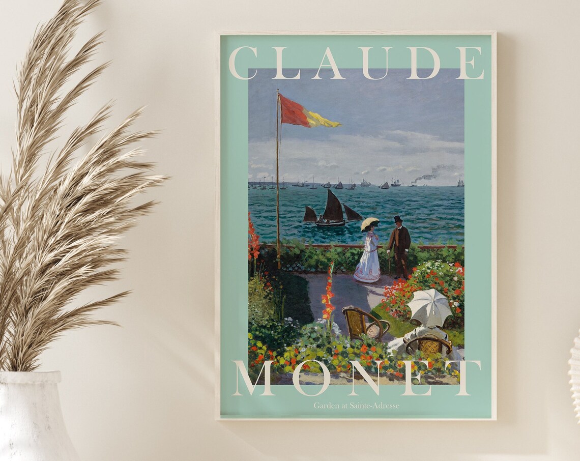 Claude Monet Garden at Sainte-Adresse Mint Green Border Poster - Image 2