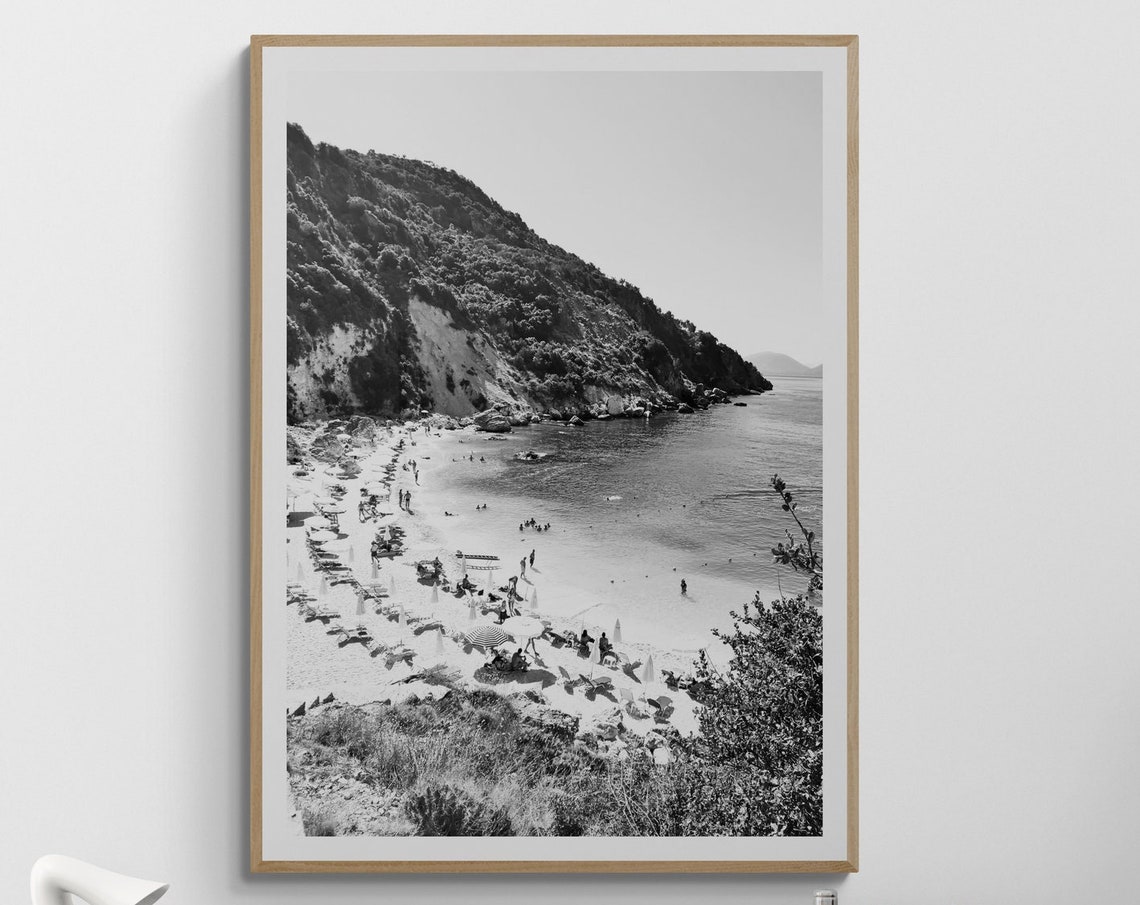 Greece Black and White Beach Cove Swimmers Fine Art Photo Poster