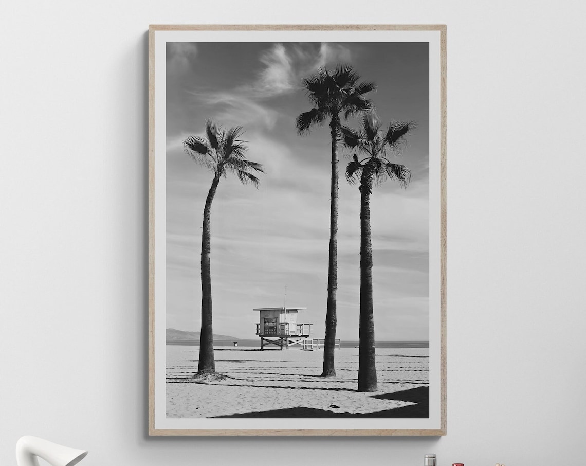 Black And White Beach Lifeguard Tower Framed By Palm Trees Poster