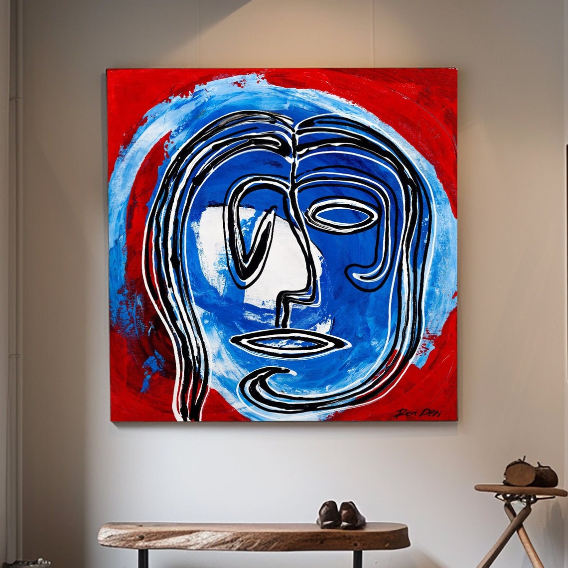 Bold Blue Face Line Art on a Red Background Modern Abstract Poster