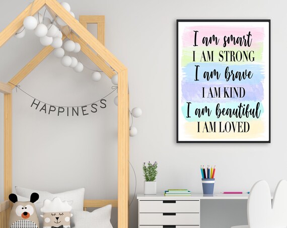 I Am Smart Strong Brave Kind Affirmation Poster Pastel Rainbow