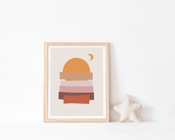 Terracotta Sun Art Mid Century Modern Abstract Sunmoon Minimal Wall Boho Decor Burnt Orange Mauve Printsmoon