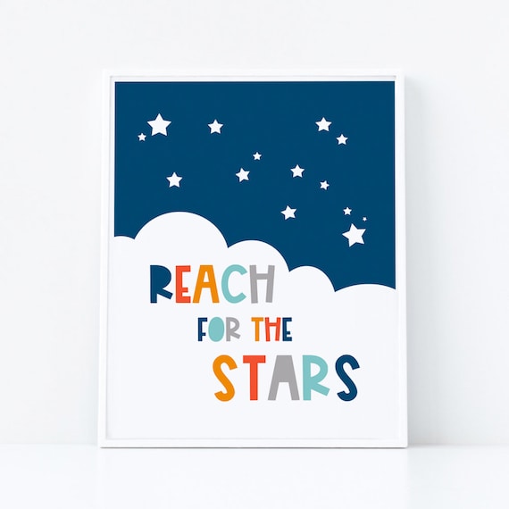 Reach For The Stars Nursery Wall Art Navy Blue Decor Space Prints Artstars