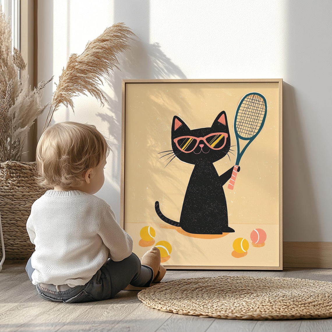 Tennis Cat Nursery Wall Art, Playful Sports Theme