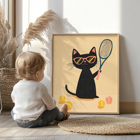 Tennis Cat Nursery Wall Art, Playful Sports Theme
