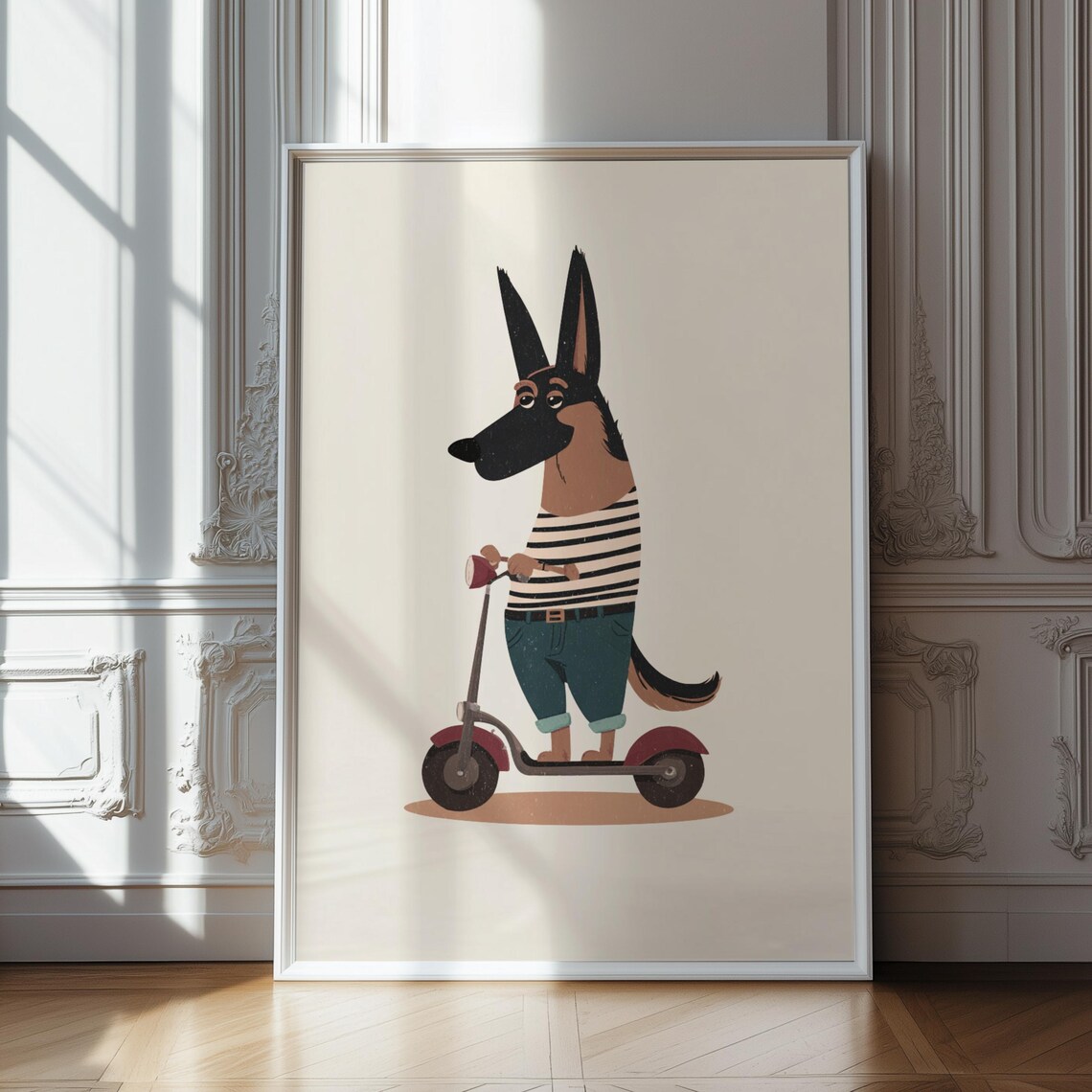 German Shepherd Riding Kick Scooter Cute Dog Nursery Art Poster