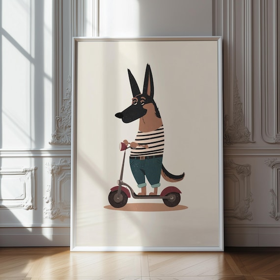 German Shepherd Riding Kick Scooter Cute Dog Nursery Art Poster