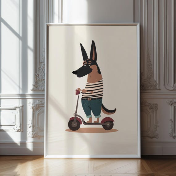 German Shepherd Scooter Wall Art Stylish Dog Print Striped Shirt Canine Illustration Cool Decor For Kids Room Or Nursery