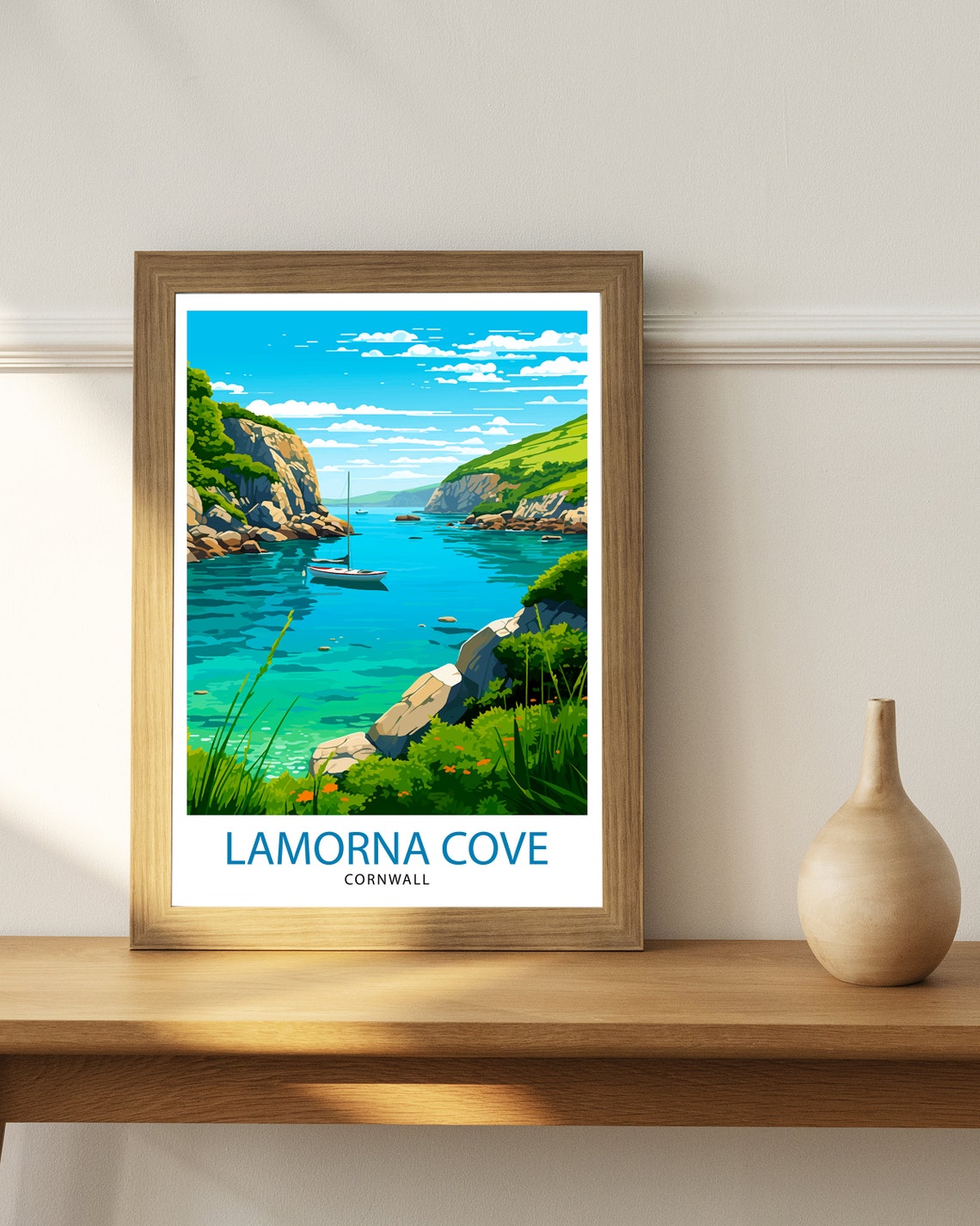 Lamorna Cove Cornwall Rocky Cliff Turquoise Bay Retro Travel Poster - Image 3