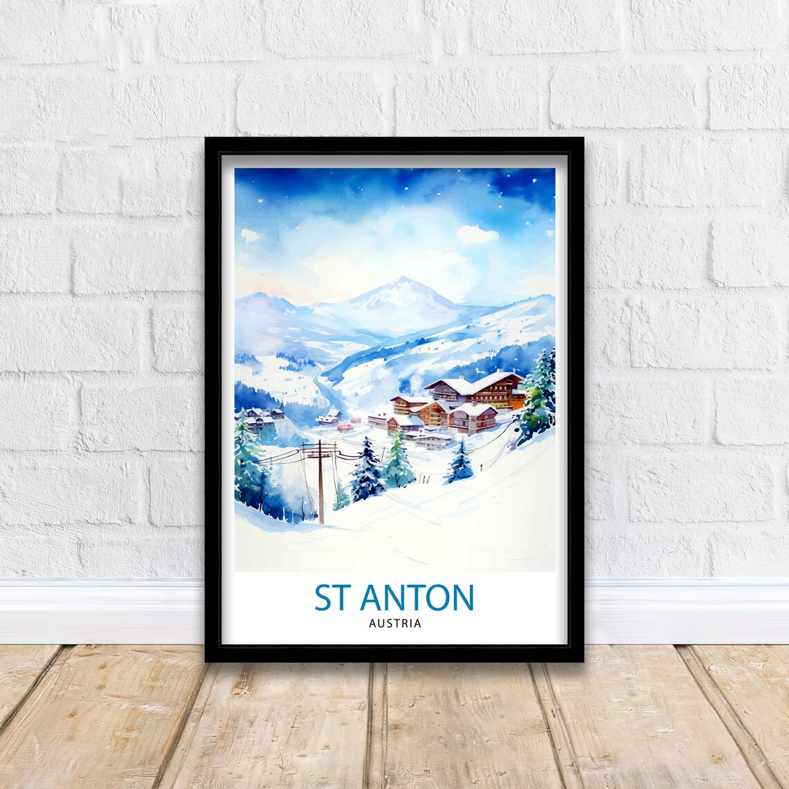 St Anton Austria Snowy Ski Village Mountain Watercolor Travel Poster - Image 2