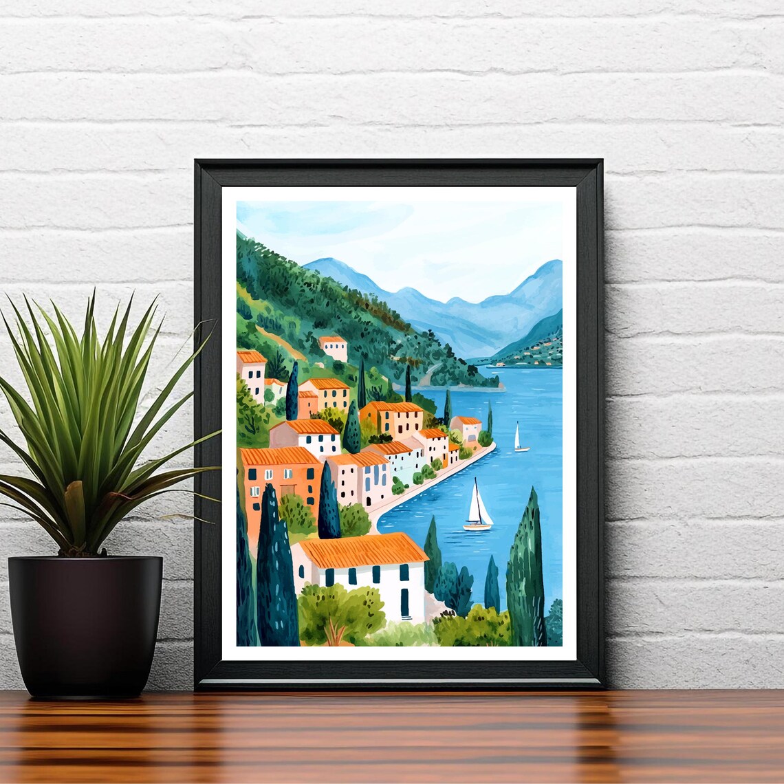 Lake Garda Italy Lakeside Village Cypress Sailboats View Poster - Image 2