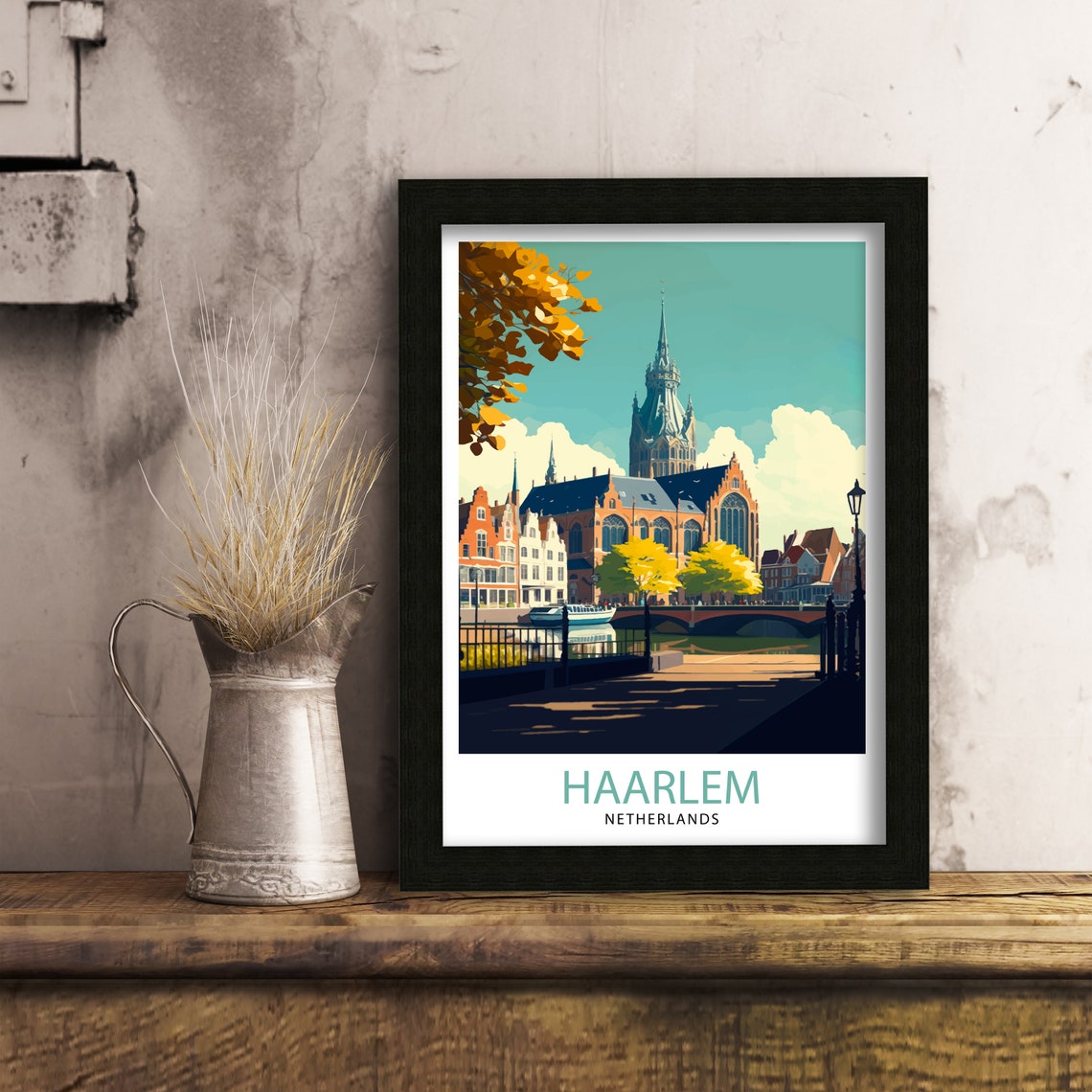 Haarlem Netherlands Church Canal Bridge Vintage Travel Poster - Image 3