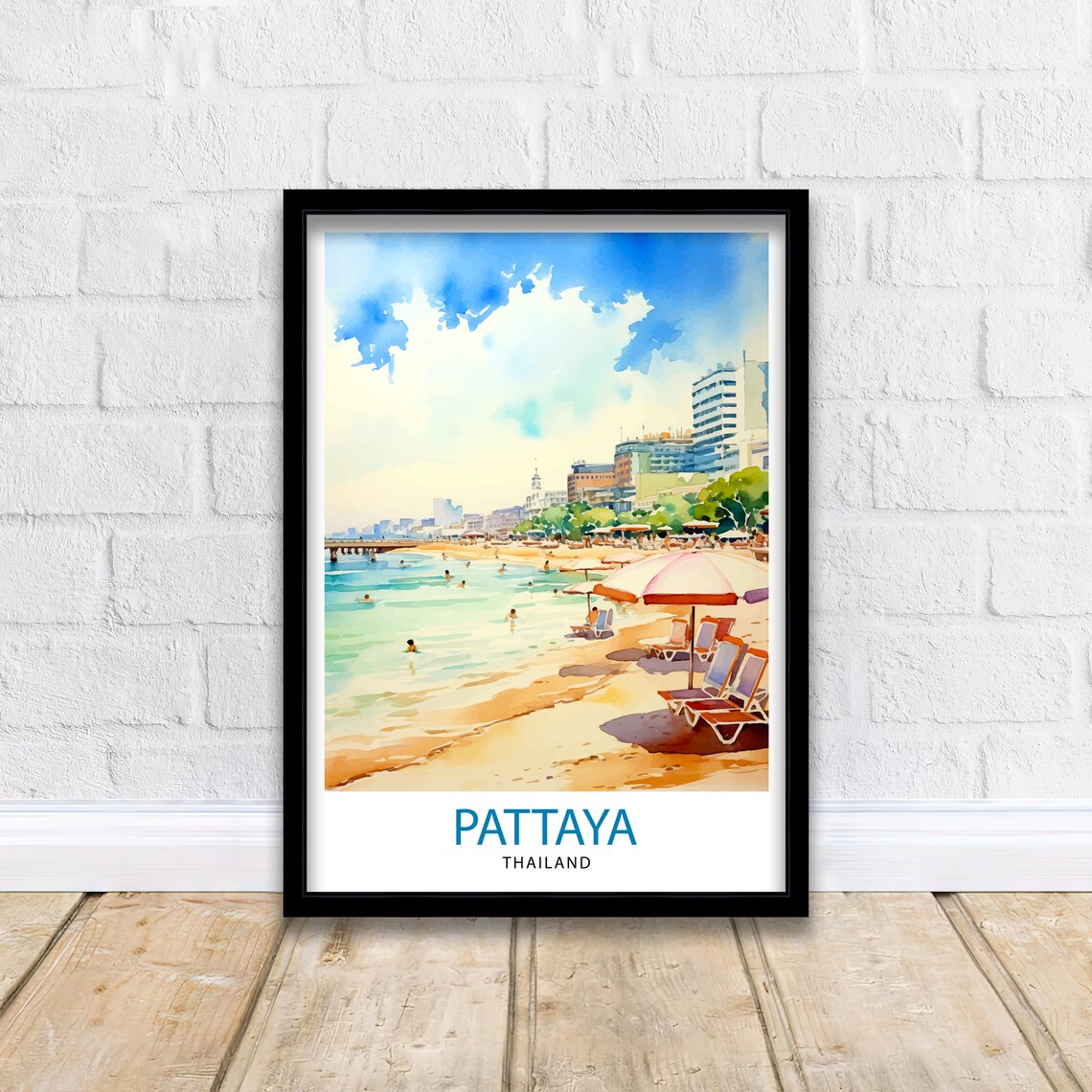 Pattaya Thailand Beach Umbrellas Coastline Watercolor Poster - Image 2