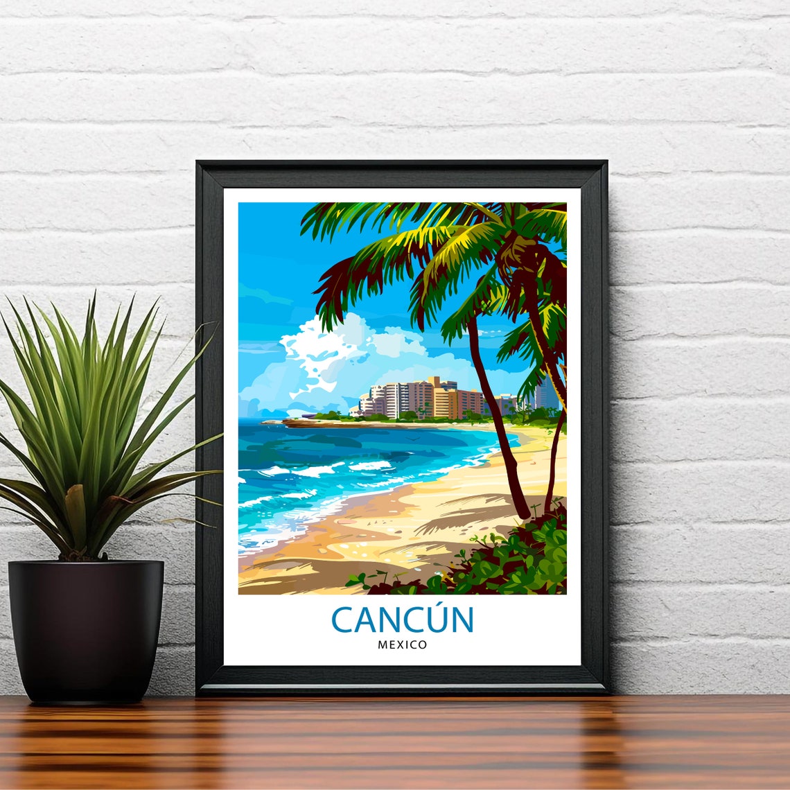 Cancun Mexico Palm Beach Resort Coastline Sunny Vintage Travel Poster - Image 2
