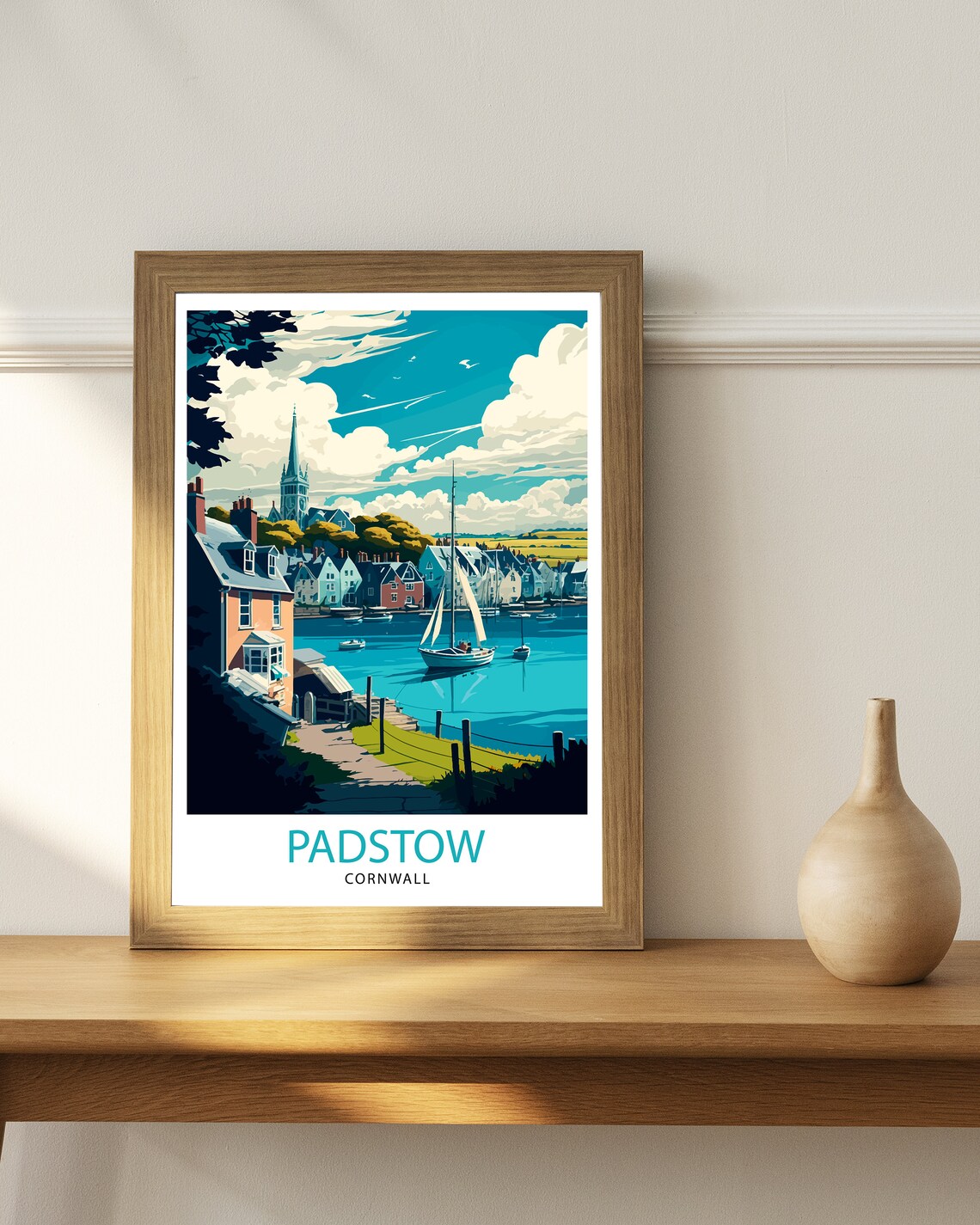 Padstow Cornwall Harbor Sailboats Church Spire Blue Sky Travel Poster - Image 2