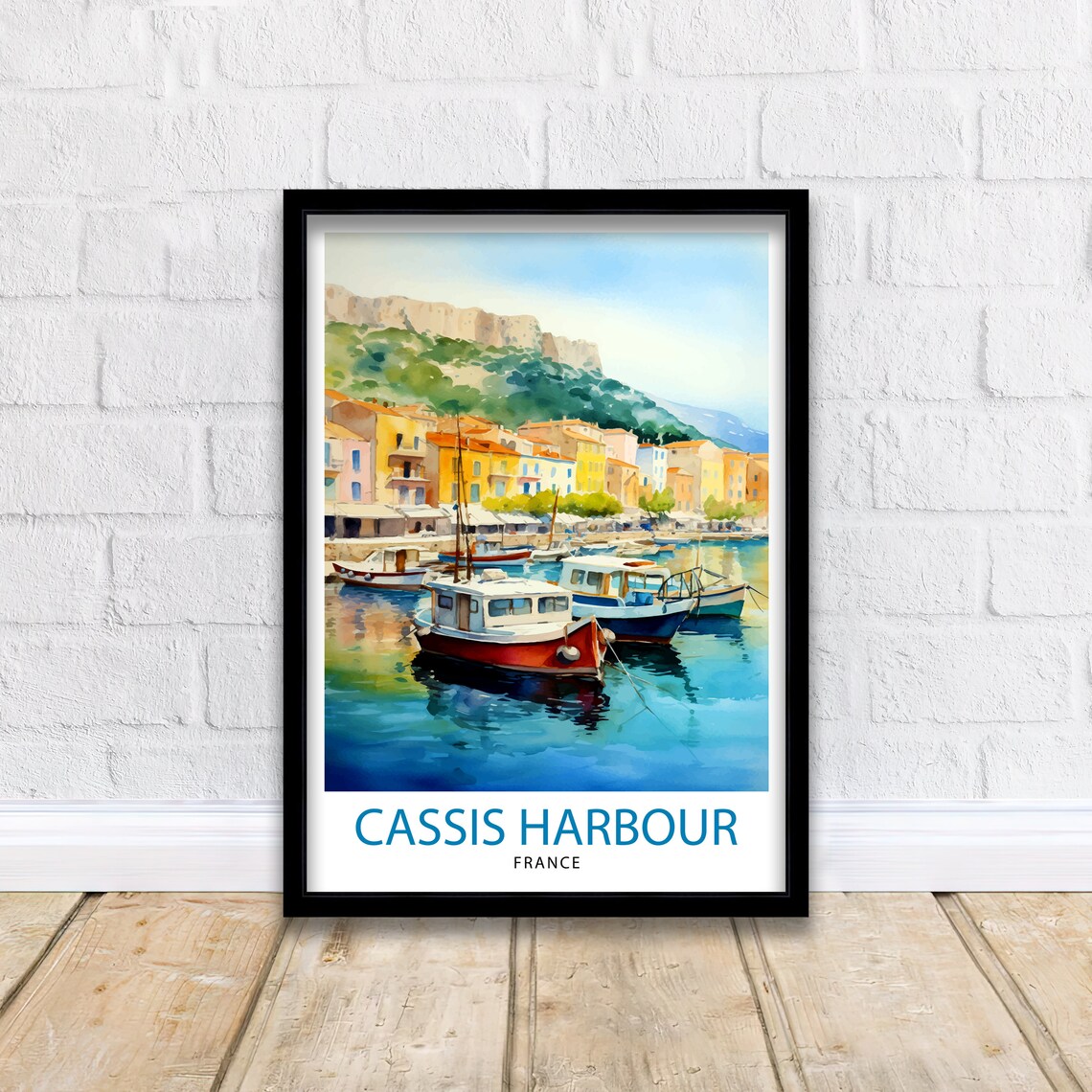 Cassis Harbour Watercolor Fishing Boats Clifftop France Poster - Image 2