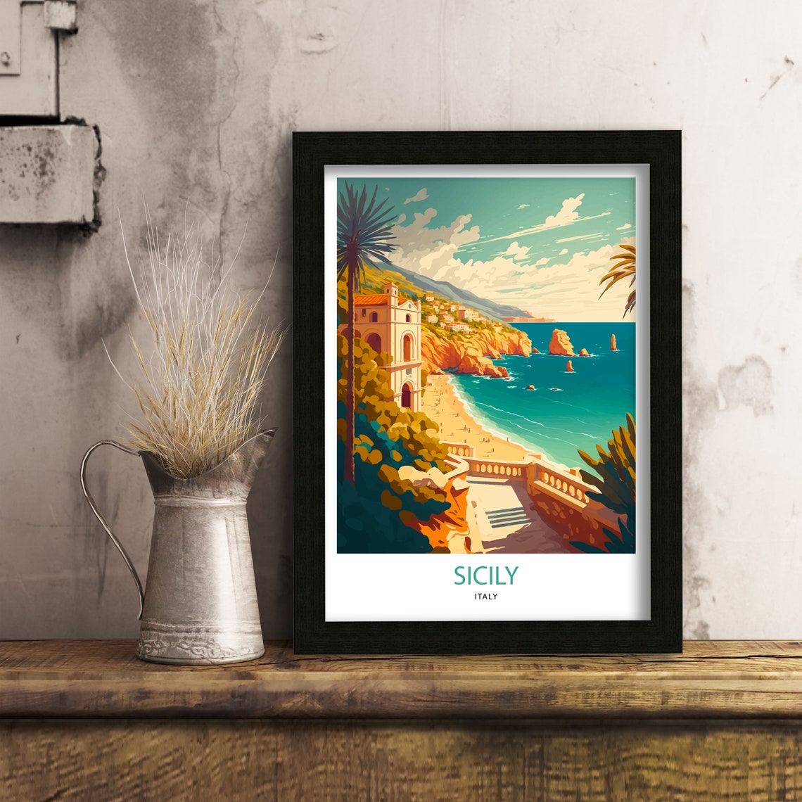 Sicily Italy Golden Coastal Cliffs Old Town Vintage Travel Poster - Image 3