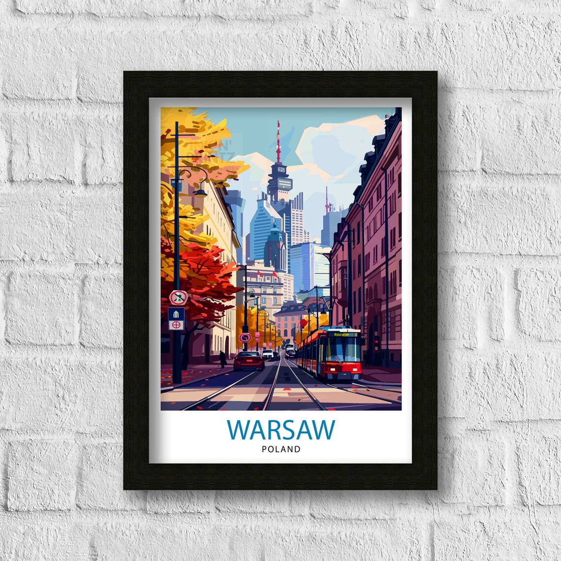 Warsaw Poland Autumn City Street Tram Illustrated Travel Poster - Image 3
