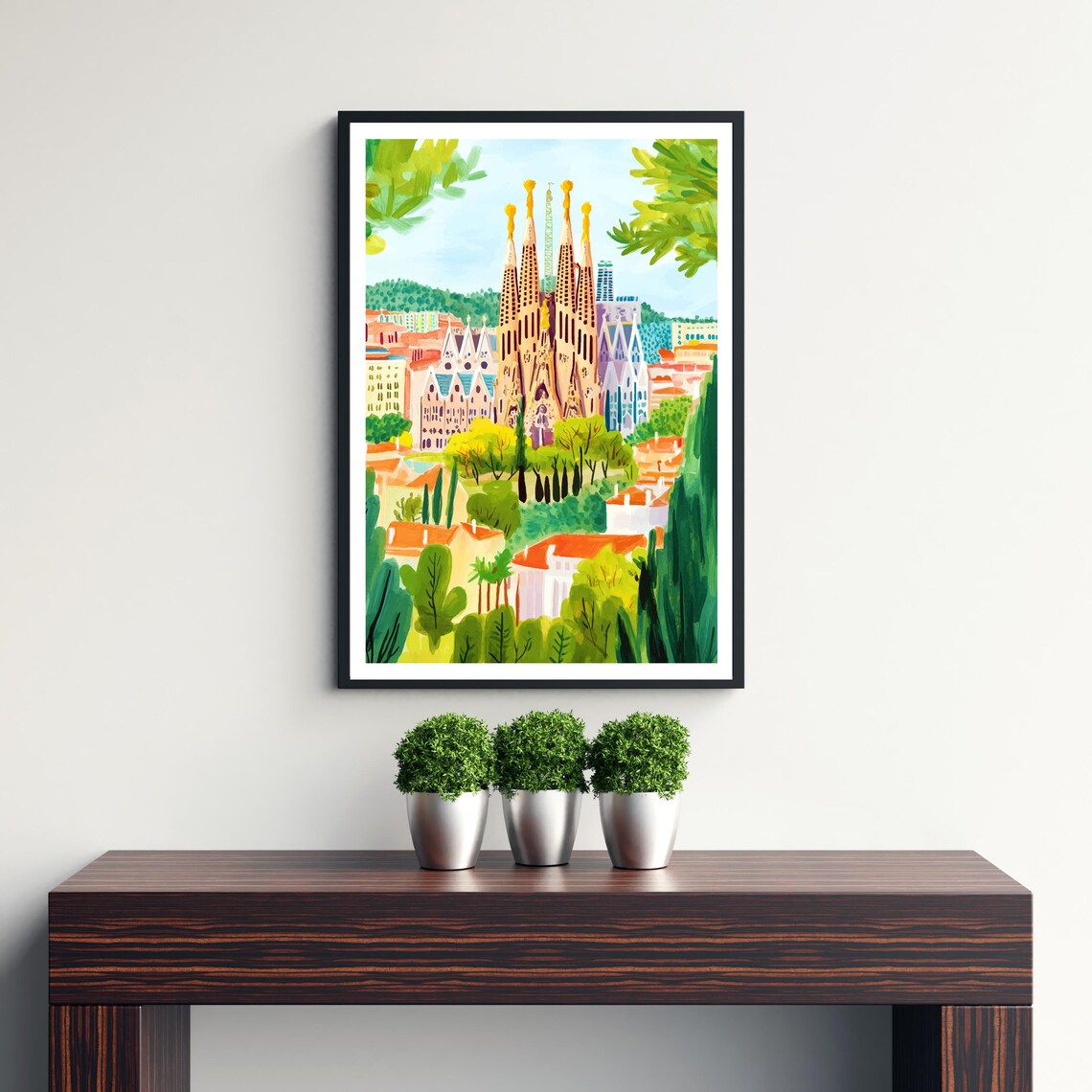 Barcelona Sagrada Familia Golden Spires Green Gardens Painting Poster - Image 3