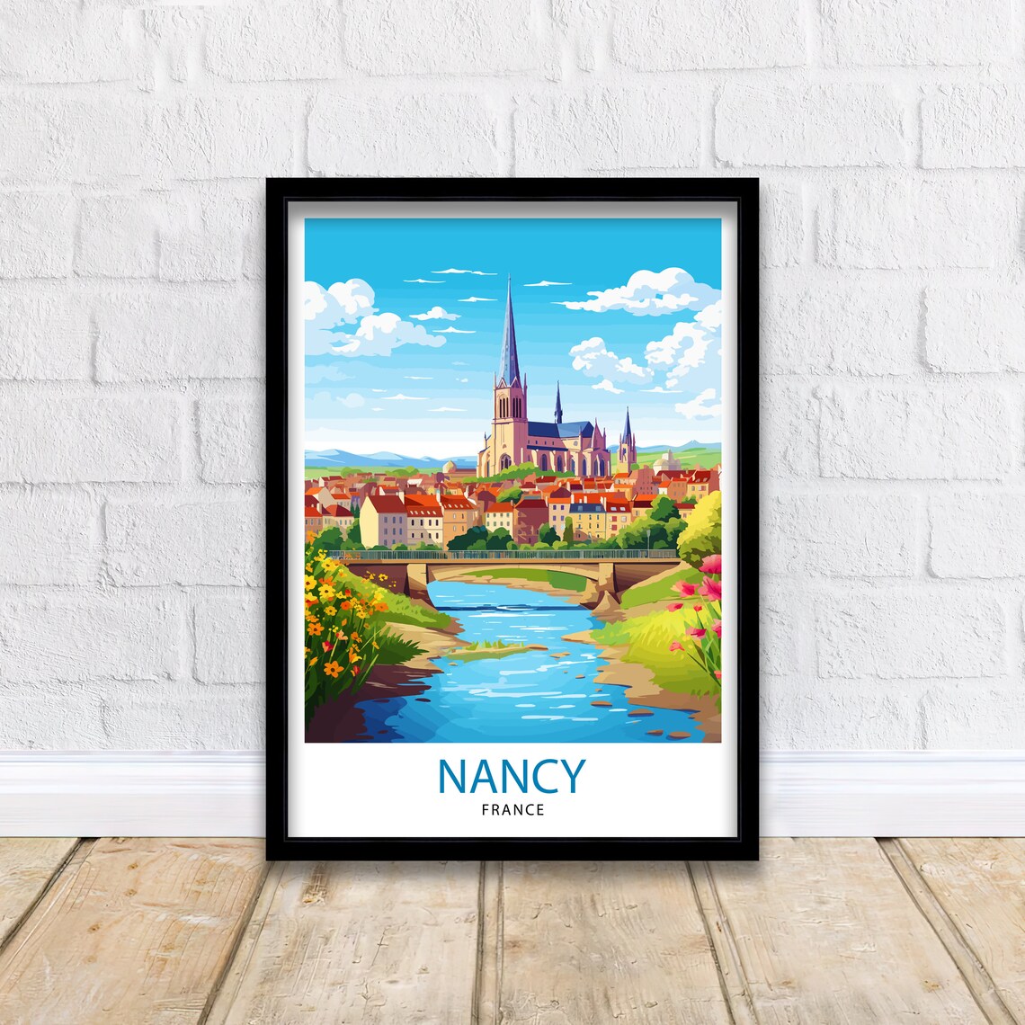 Nancy France River Bridge and Cathedral Spire Cityscape Poster - Image 2