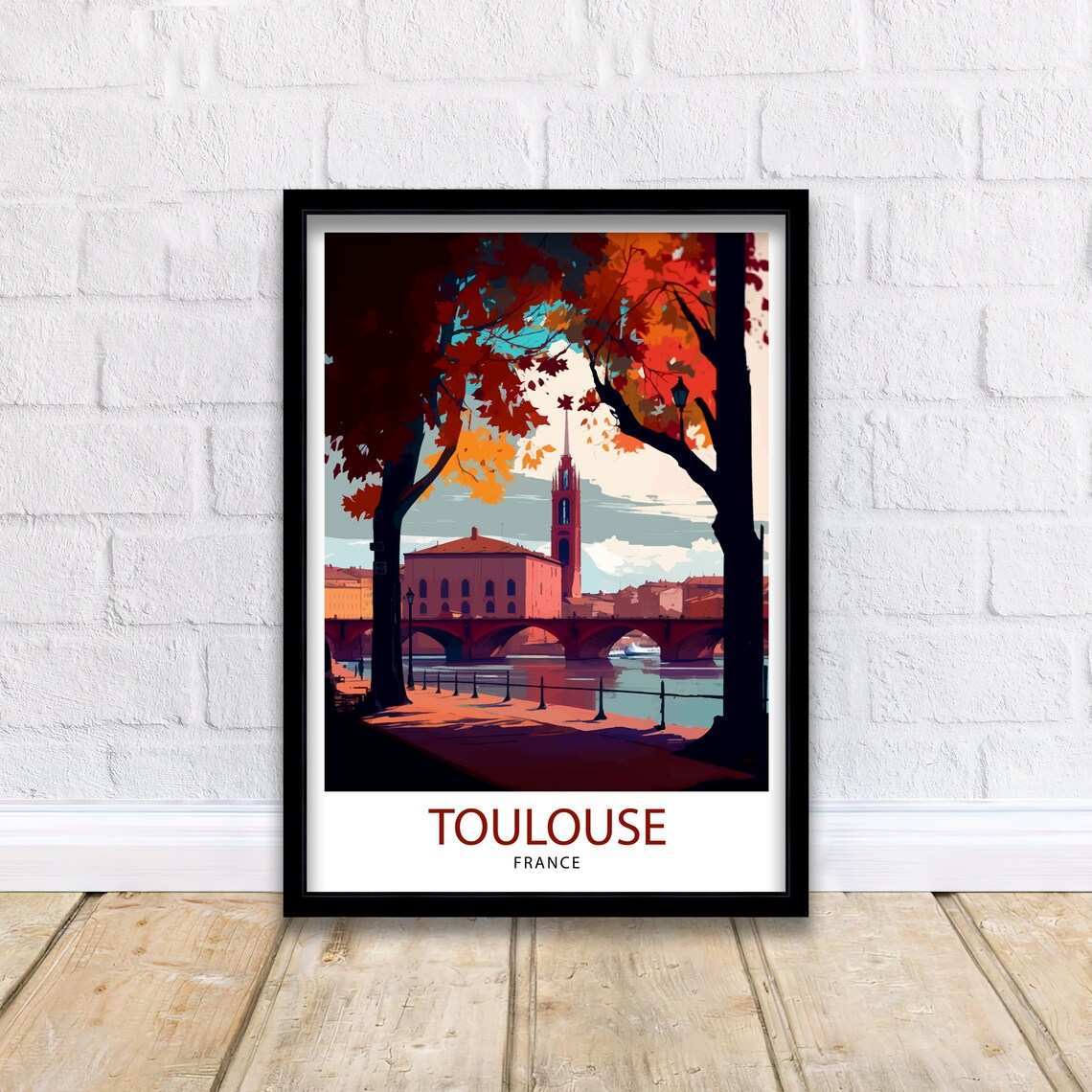 Toulouse France Riverside Autumn Church Bridge Travel Poster - Image 2
