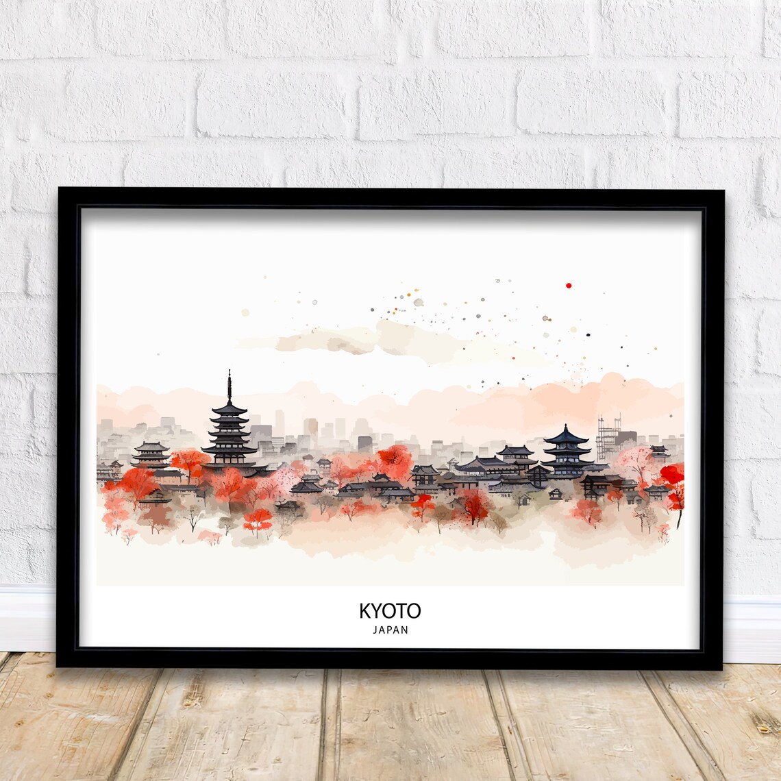 Kyoto Japan Pagoda Skyline Autumn Watercolor Travel Wall Poster