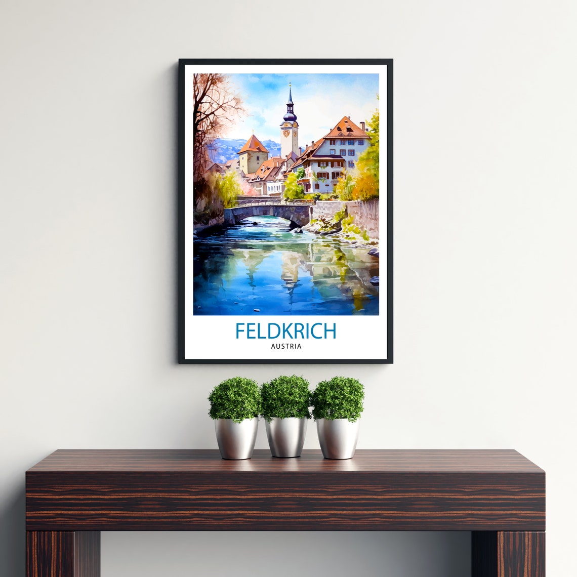 Feldkirch Austria Old Town River Bridge Church Tower Watercolor Poster - Image 3