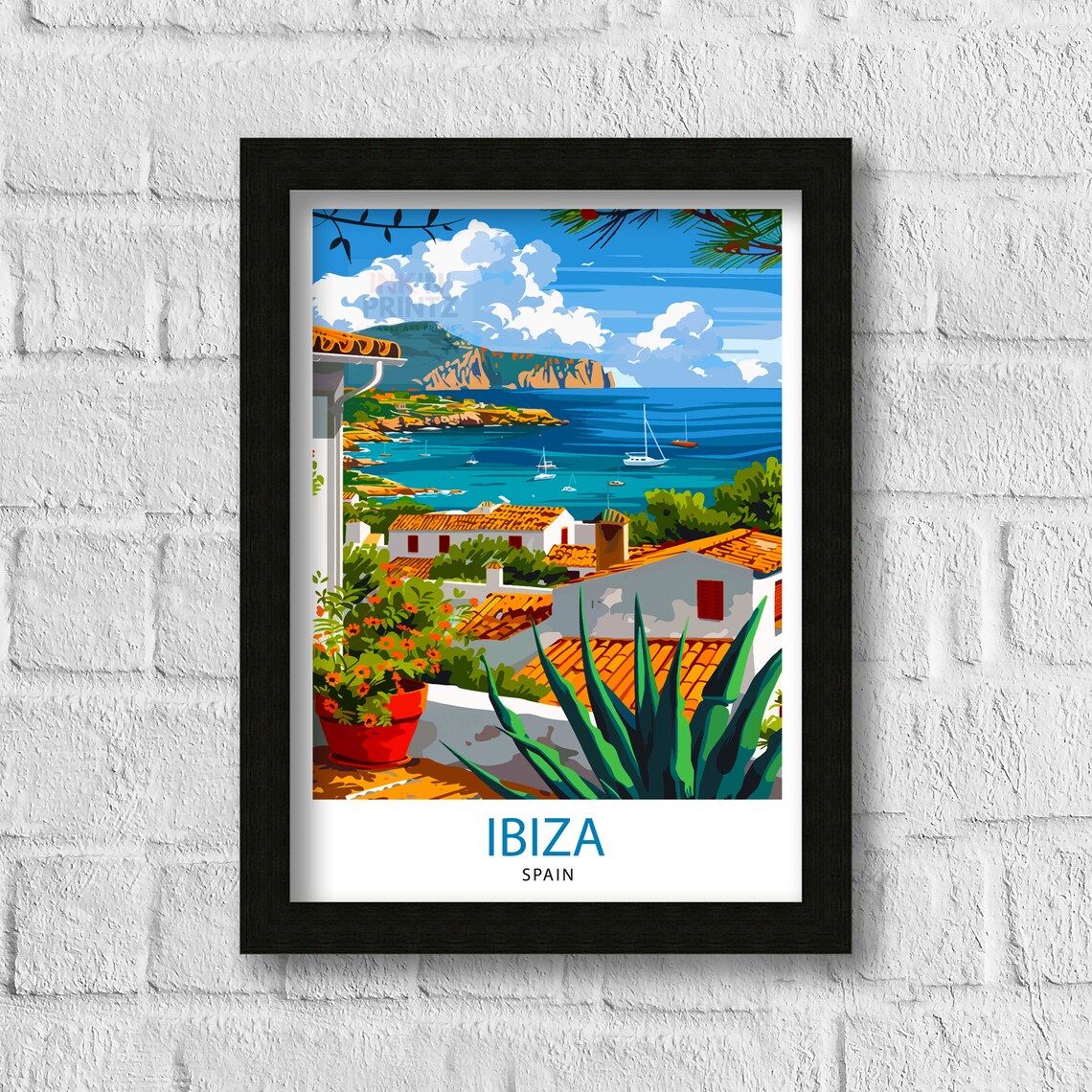 Ibiza Spain White Houses Sailboats Coastal Cove Travel Poster - Image 3