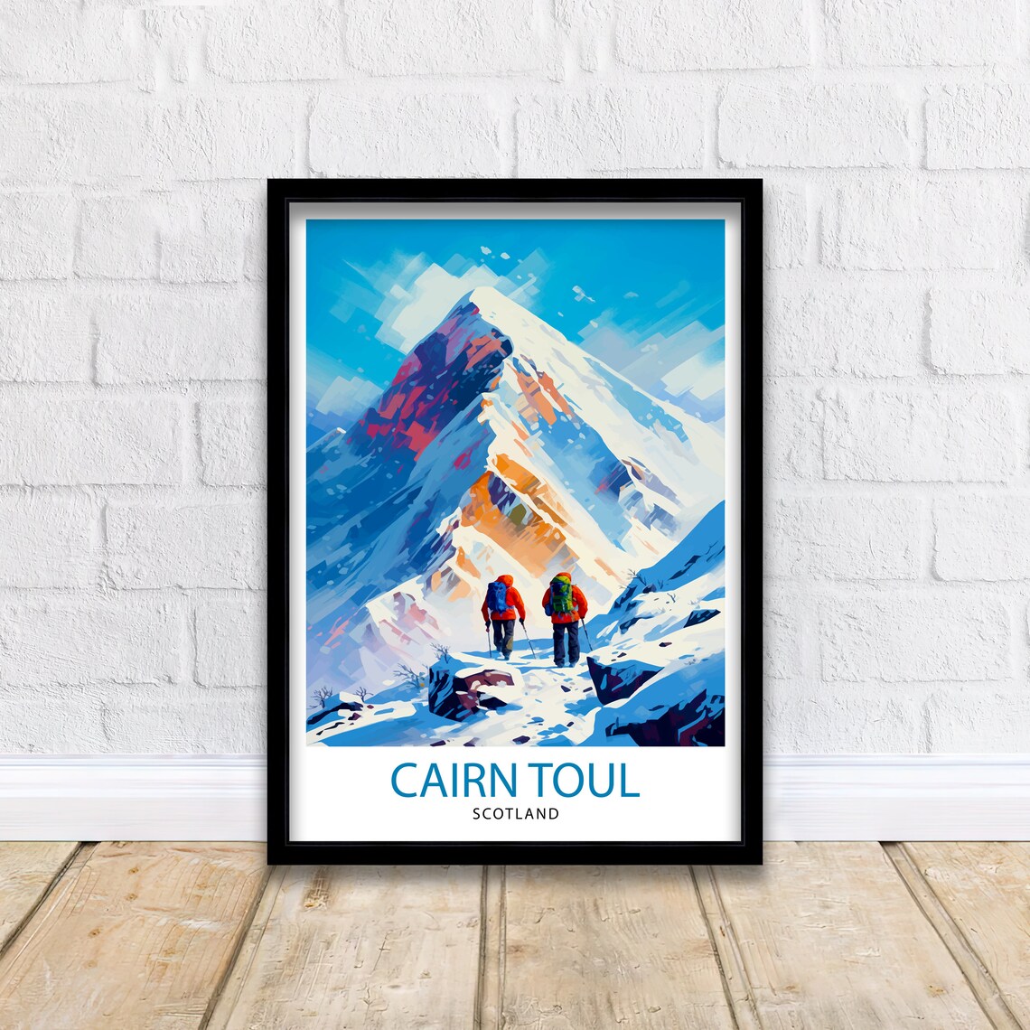 Cairn Toul Scotland Hikers Snowy Peak Ascent Colorful Art Poster - Image 2