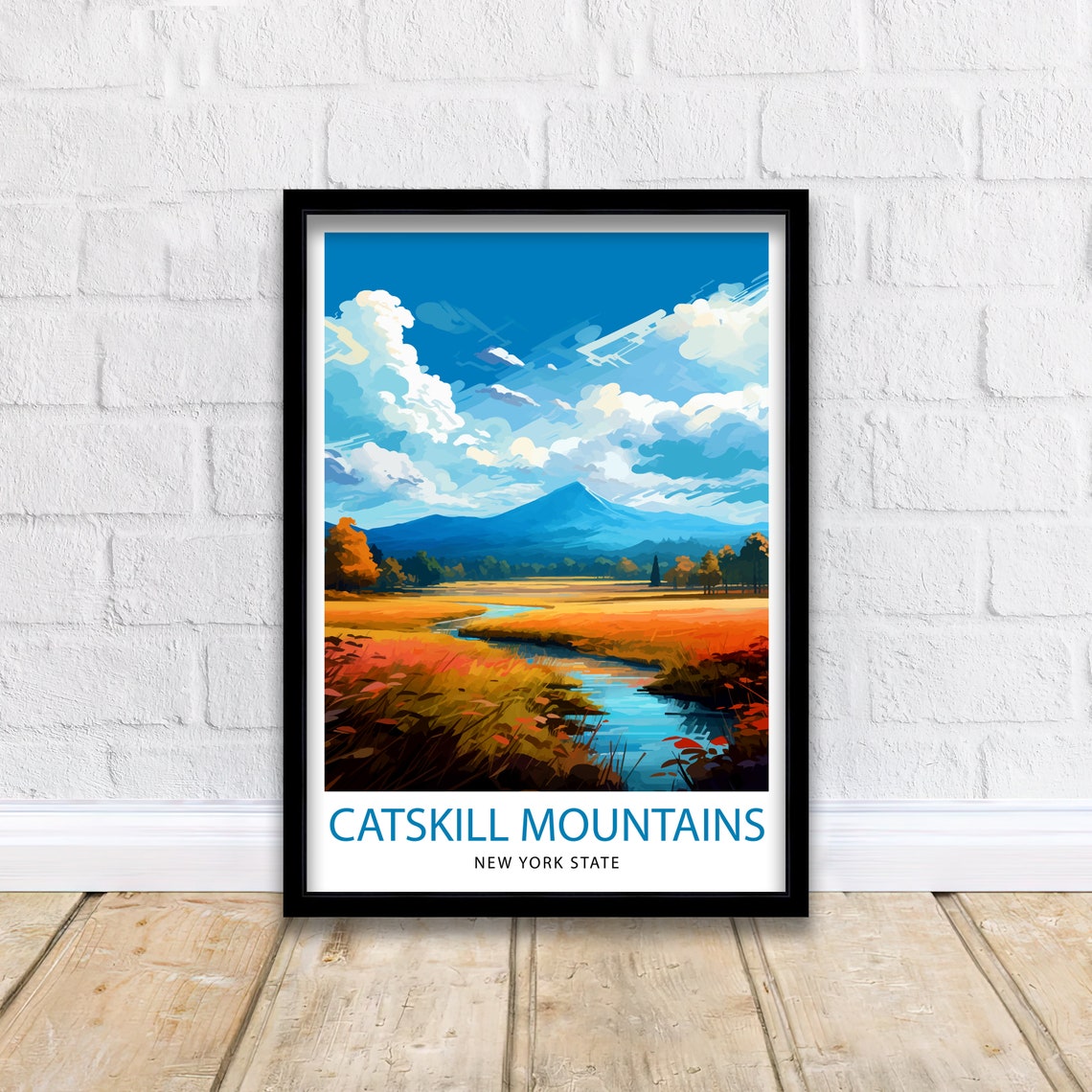 Catskill Mountains New York Autumn Meadow Stream Blue Peak Poster - Image 2