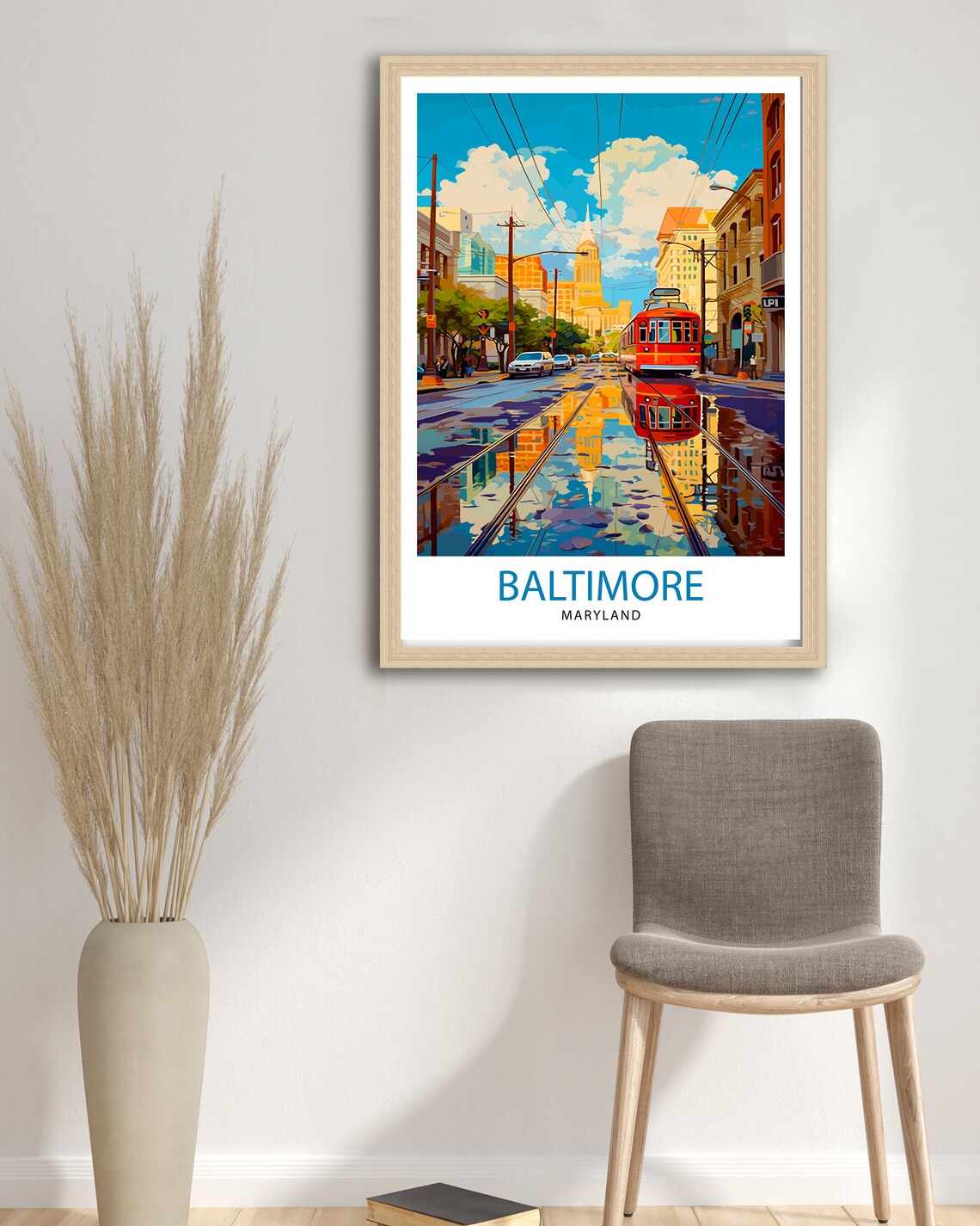 Baltimore Maryland Red Streetcar City Reflections Travel Poster - Image 3